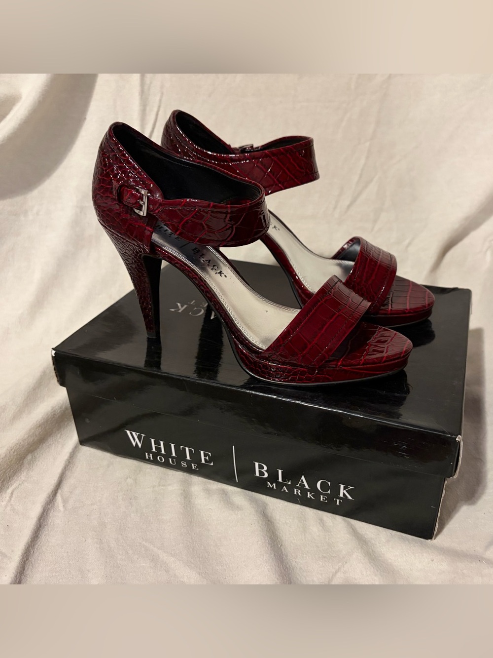 White House Black Market Burgundy Croc-Embossed Heeled Sandals